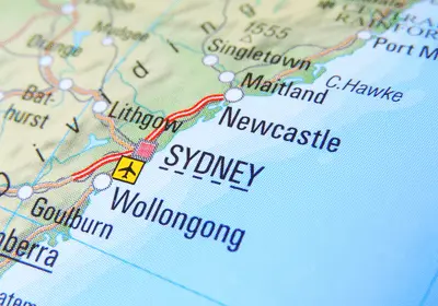 Mapa onde fica a cidade de Sydney na Austrália, próxima a Wollongon e Newcastle
