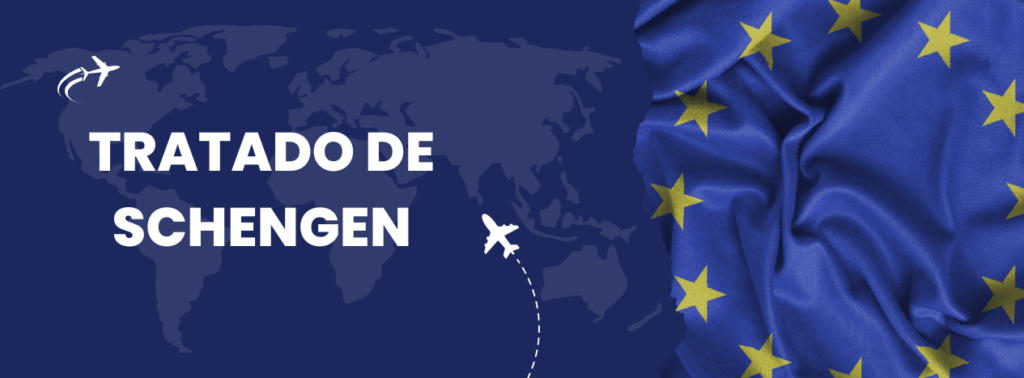 Imagem com fundo azul, uma bandeira da Europa e o título "Tratado de Schengen"